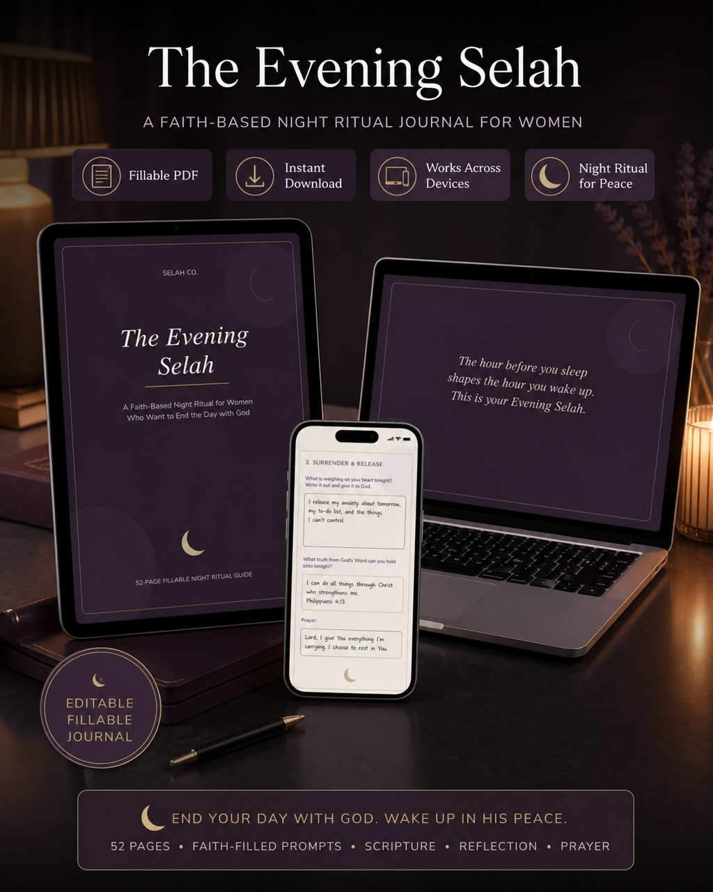 The Evening Selah | Fillable Christian Night Ritual Journal for Women
